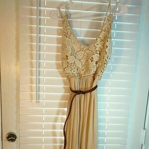 San Joy Tan Spaghetti Strap Summer Midi Dress Size S Lace Bodice Belted Lined